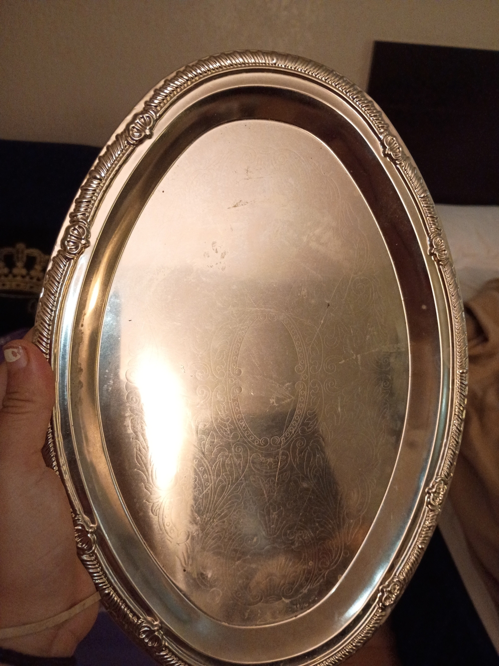 Ornate Oval Serving Tray - Silver Tone